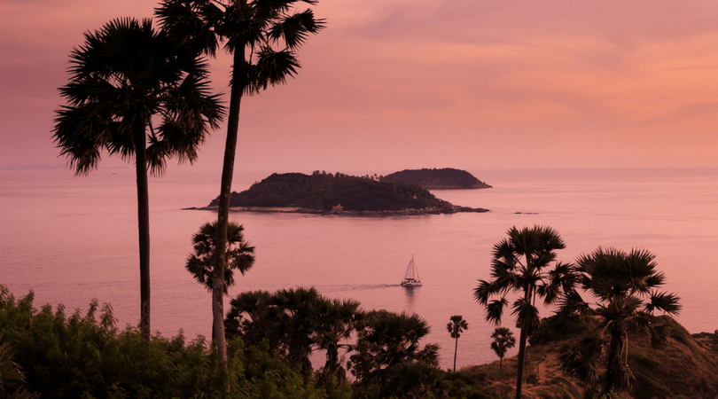 A sunset view of a beach in Phuket, Thailand